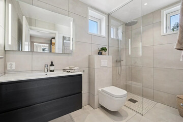 Modern bathroom interior in minimal scandinavian style, 3d render