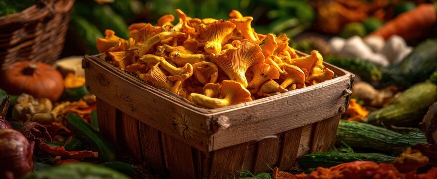 The basket of golden chanterelle mushrooms surrounded by fresh autumn harvest produce - Powered by Adobe