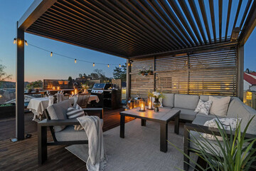 Exterior design of house, home and villa feature swimming pool, garden, terrace and decking, ocean seascape and beautiful sunset