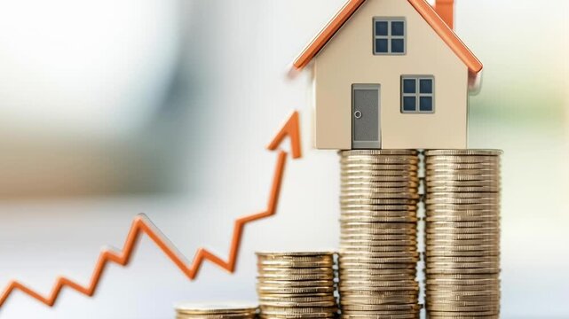 A house is shown with a stack of coins on top of it. The coins are arranged in a way that they look like they are growing in size, which could represent the value of the house increasing over time