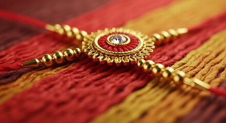 Close-up of woven rakhi threads in vibrant red and gold, soft festive texture