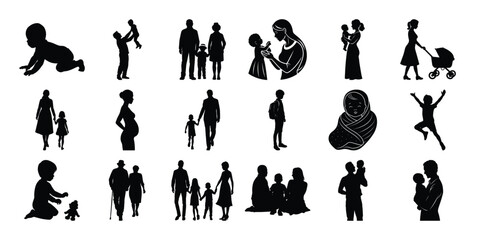 Vector illustration set of family and parenting line icons including parents children babies caregivers and family activities representing love care childhood parenting and family relationships.