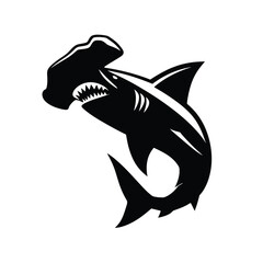 Black Silhouette of a Hammerhead Shark with Open Mouth and Sharp Teeth, Emblematic and Fierce Marine Predator
