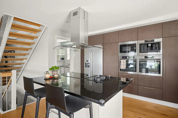 Modern luxury kitchen interior in minimal scandinavian style, 3d render