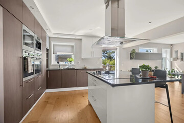 Modern luxury kitchen interior in minimal scandinavian style, 3d render