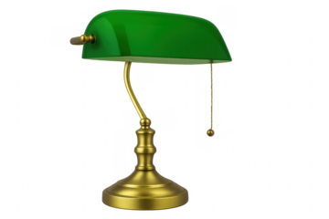 Elegant green bankers lamp with golden base on transparent background
