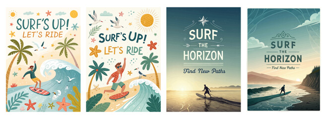 Playful illustrations of surfing with vibrant colors and tropical elements, capturing the thrill of riding waves.