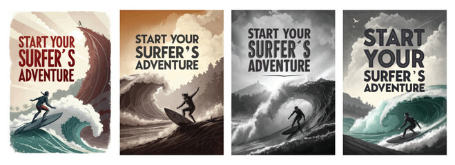 Four retro-style surfer adventure posters showcasing dynamic waves and a surfer in action.