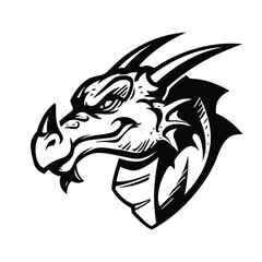 Fierce Dragon Head Illustration Black and White Vector Art