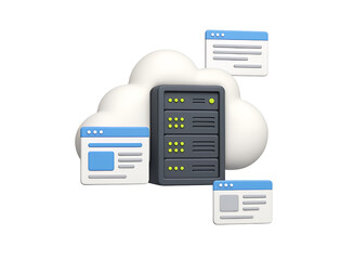 Modern 3d illustration of a server rack integrated within a fluffy cloud surrounded by stylized browser windows representing cloud computing and data services isolated on transparent background