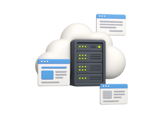 Modern 3d illustration of a server rack integrated within a fluffy cloud surrounded by stylized browser windows representing cloud computing and data services isolated on transparent background