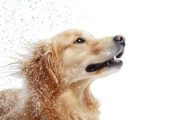 A golden retriever shakes off snowflakes, radiating joy and playfulness against a dark background.