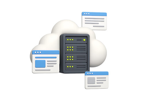 Modern 3d illustration of a server rack integrated within a fluffy cloud surrounded by stylized browser windows representing cloud computing and data services isolated on transparent background