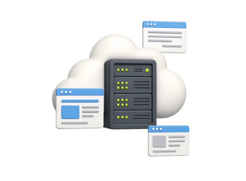 Modern 3d illustration of a server rack integrated within a fluffy cloud surrounded by stylized browser windows representing cloud computing and data services isolated on transparent background