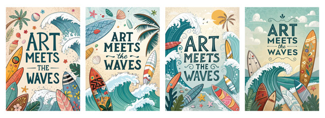 Vibrant surf art featuring colorful waves and surfboards, capturing the energy of art and ocean culture.