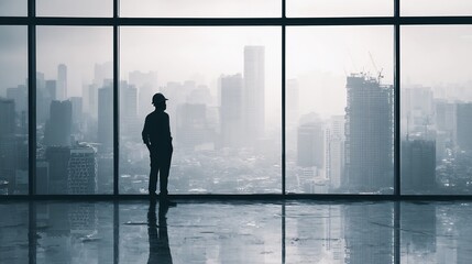 Fototapeta premium Silhouette of architect standing before large window cityscape background faceless design leader concept