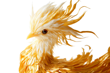 Majestic golden bird with a vibrant feathered crest displayed against a clear background.