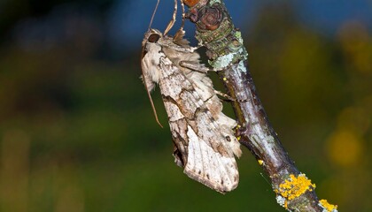 Close-up of a moth clinging to a twig