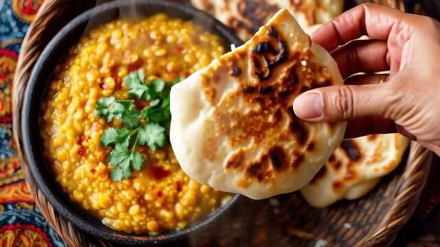 A bowl of yellow curry with a bunch of green parsley on top. The curry is served with some flatbreads