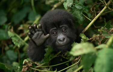 Obraz premium A baby mountain gorilla swinging from tree to branch in the jungle