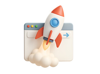 3d cartoon rocket launching from a computer browser window with smoke and flames indicating fast website loading and successful business growth isolated on transparent background