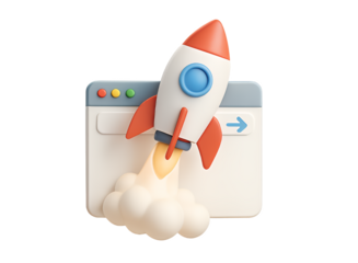 3d cartoon rocket launching from a computer browser window with smoke and flames indicating fast website loading and successful business growth isolated on transparent background