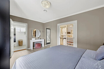 Modern luxury bedroom interior in minimal scandinavian style, 3d render
