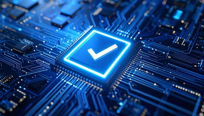 Scene with a glowing 3D check mark icon placed on a digital circuit board