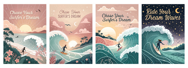 Four vibrant surf-themed illustrations capturing the beauty and thrill of ocean waves and surfing.