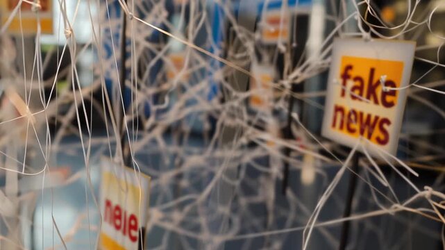 Fake news is a sign in a web of strings. The sign is surrounded by other signs that say fake news