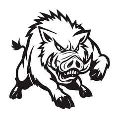 Vector illustration of a ferocious charging wild boar. A powerful and angry warthog mascot with sharp tusks, isolated on a white background.