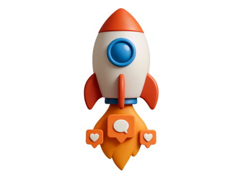 A charming 3d rendered cartoon rocket ship with orange fins and a red nose cone ready for launch isolated on transparent background