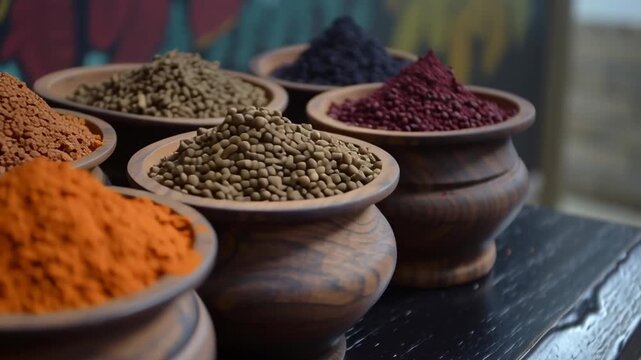 A row of wooden bowls filled with various spices. The spices are arranged in a way that they are easy to see and access. The bowls are of different sizes and colors, and they are placed on a table