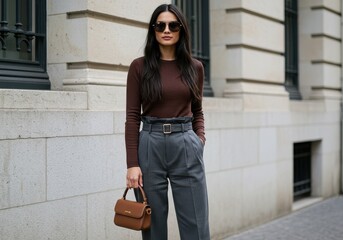 A woman in a brown long sleeved shirt and gray pants holding a brown purse outside a building facade