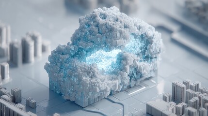 An abstract representation of data flow and complex systems is visualized as a glowing, crystalline structure rising above a miniature cityscape, evoking a sense of technological advancement.