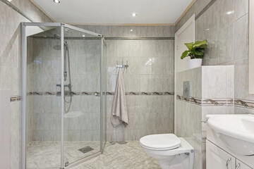 Modern bathroom interior in minimal scandinavian style, 3d render