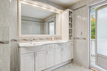 Modern bathroom interior in minimal scandinavian style, 3d render