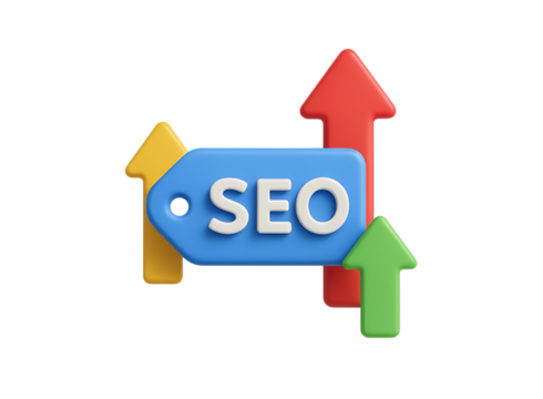 3d rendering of a blue seo tag with white letters surrounded by three upward pointing arrows in yellow red and green isolated on transparent background