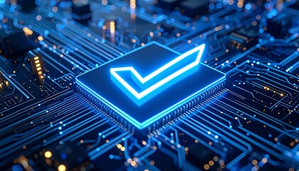 Fototapeta premium Scene with a glowing 3D check mark icon placed on a digital circuit board