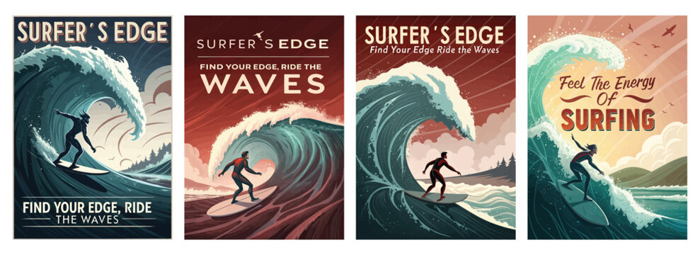 A vibrant surfing scene with a male surfer riding a large wave, capturing the thrill of ocean adventures.