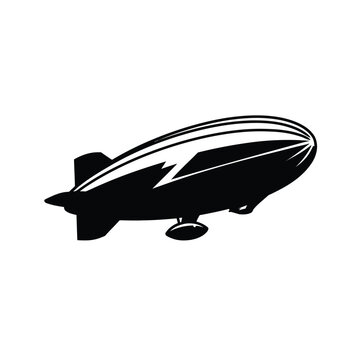 Monochrome vector icon of a classic dirigible with a lightning bolt graphic. A simple black and white blimp silhouette for transportation and advertising.