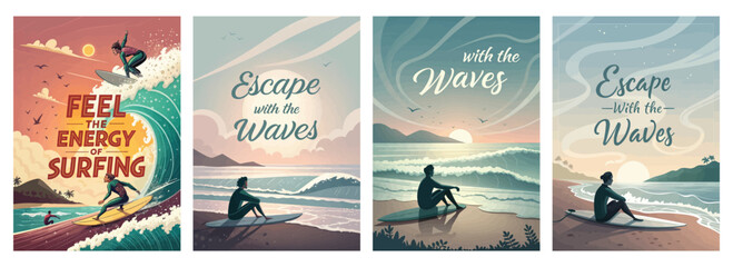 A vibrant series of surfing-themed illustrations capturing the essence of adventure and tranquility on the ocean.