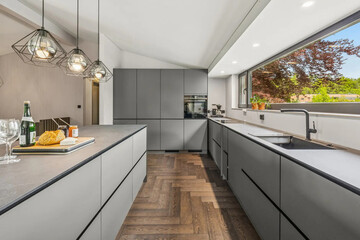 Modern luxury kitchen interior in minimal scandinavian style, 3d render
