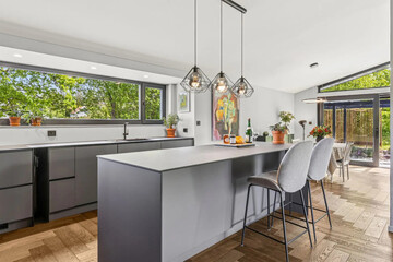 Modern luxury kitchen interior in minimal scandinavian style, 3d render
