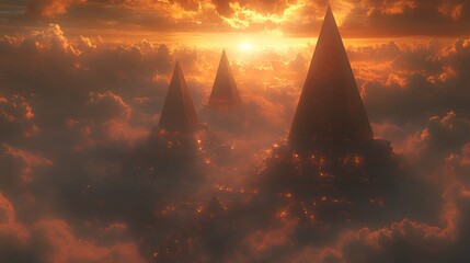 Floating pyramidal cities at sunset.