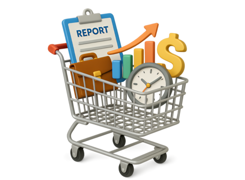 A shopping cart filled with business and financial items including a report briefcase bar chart clock and dollar sign isolated on transparent background