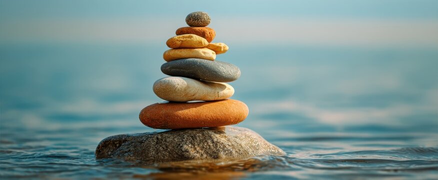 The stone cairn balancing on a smooth rock in calm shallow ocean water at sunset - Powered by Adobe