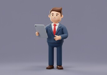 A 3D rendered cartoon character of a young businessman in a suit using a digital tablet for work, isolated on a solid background