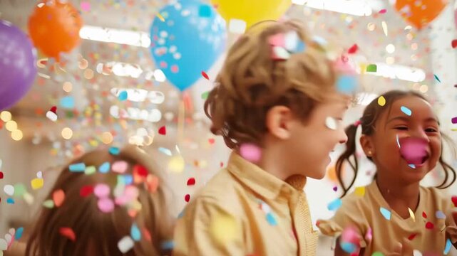 Three children are standing in a room with confetti falling around them. They are all smiling and laughing, enjoying the moment. Concept of joy and celebration