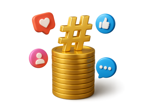 Golden hashtag symbol atop a stack of gold coins surrounded by social media icons representing likes comments shares and user profiles isolated on transparent background